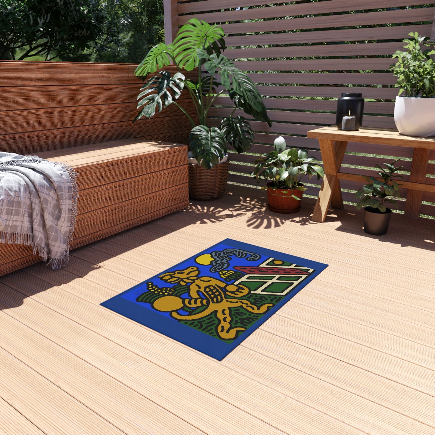 Blue Fiesta Outdoor Rug — Colorful Aztec Dog Design Doormat - Ready for making big serves in life