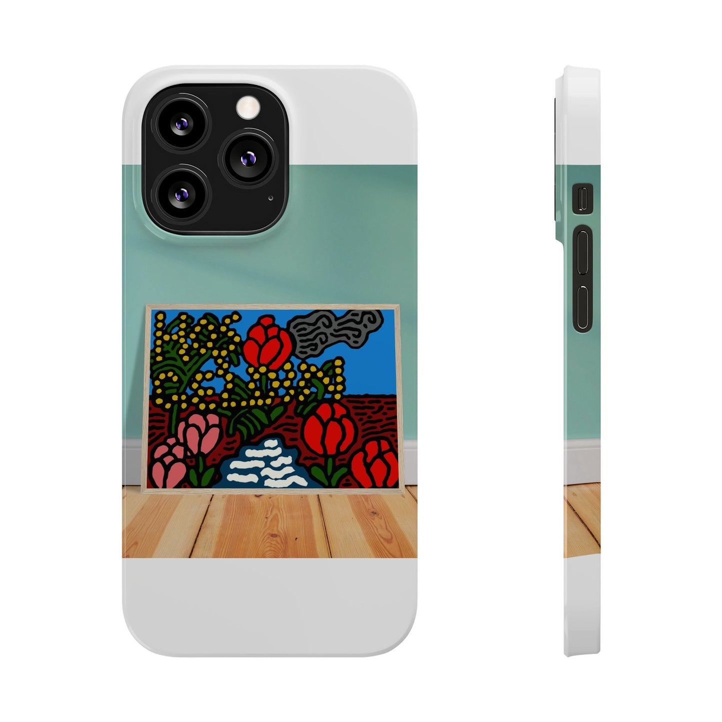 A field of tulips next to a wattle Slim Phone Case