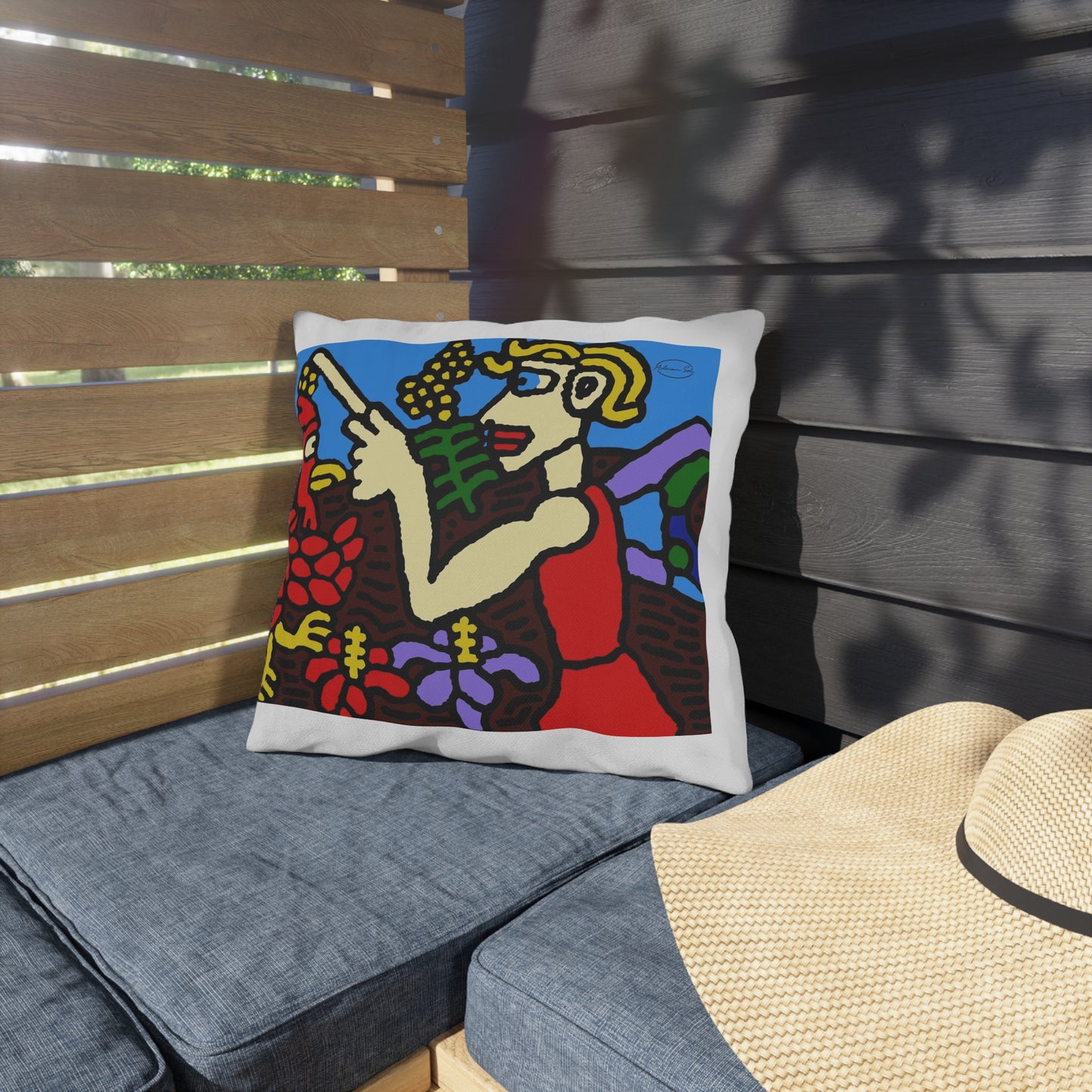The hen gaining a blessing from a fairy — Outdoor Pillow
