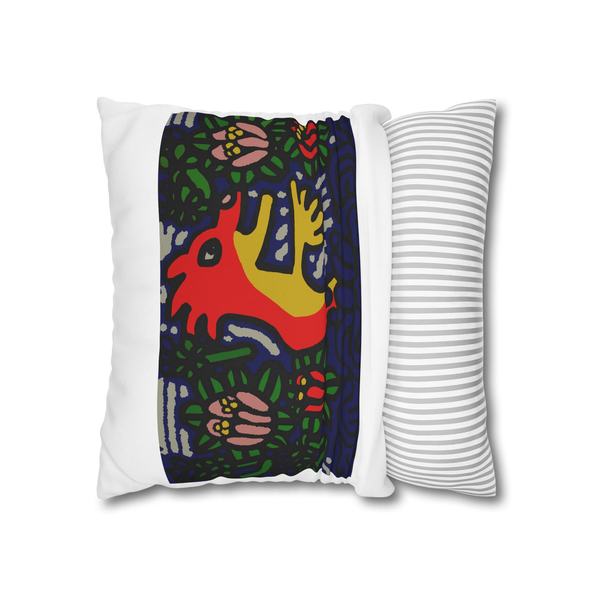 Colorful Folk Art Fox Throw Pillowcase — Square Poly Canvas Decorative Pillow Cover - Breaking through the surface of a lotus pond.