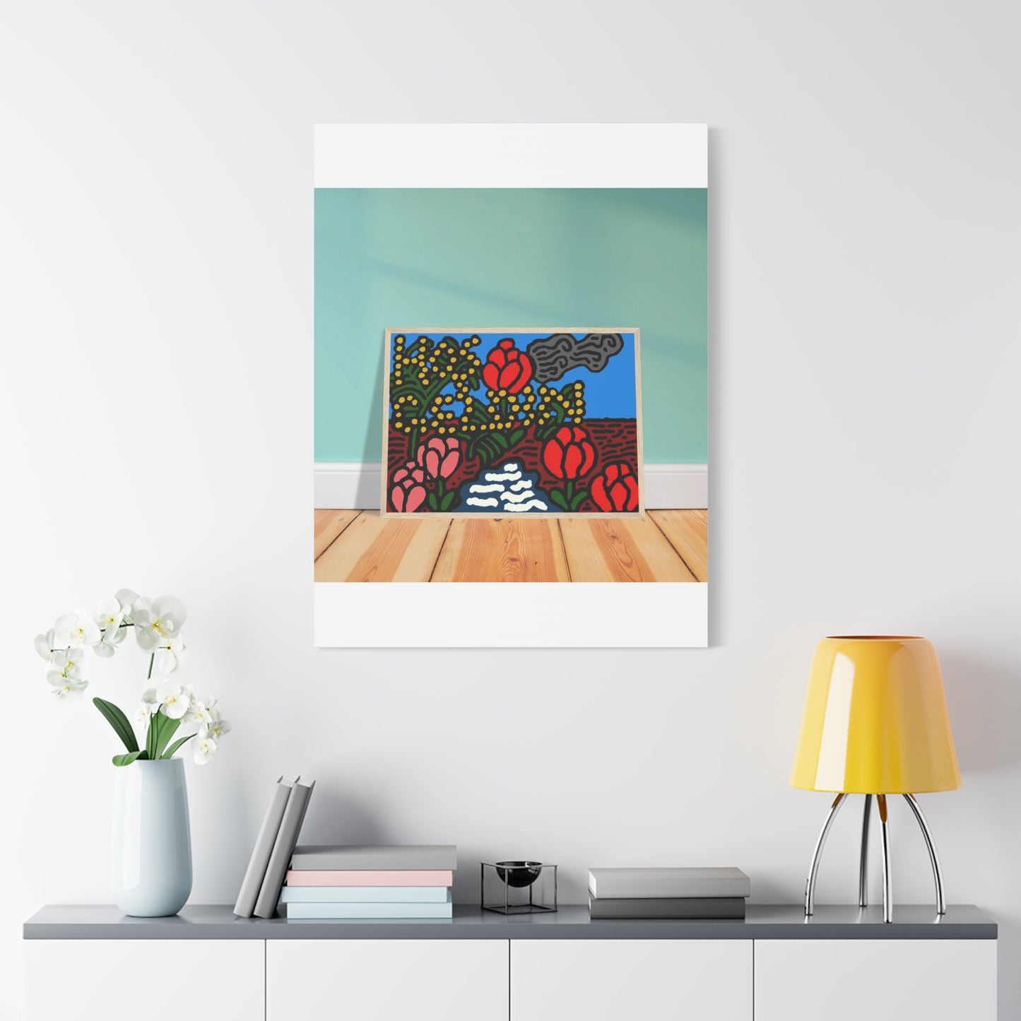 A field of tulips next to a wattle Canvas (Large)