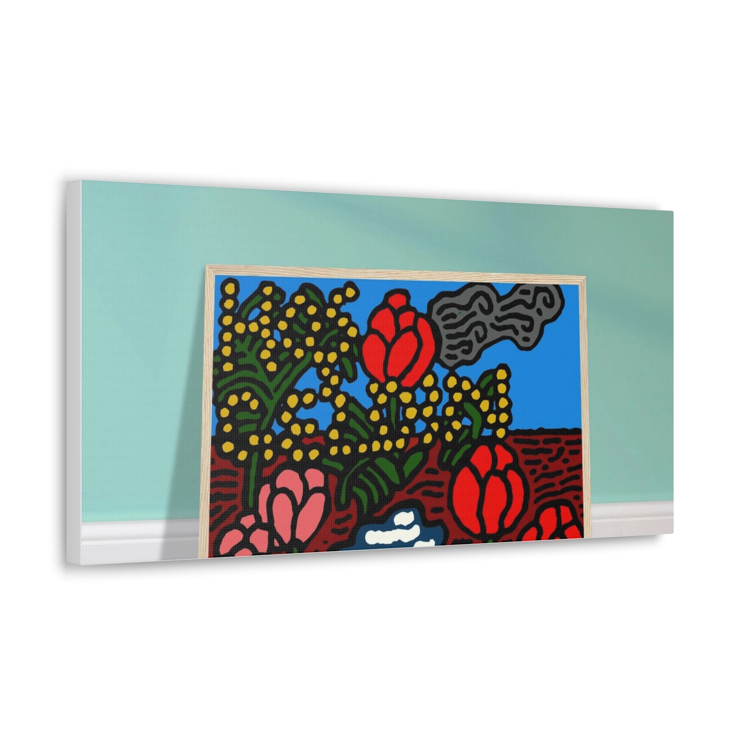 A field of tulips next to a wattle Canvas (Large)