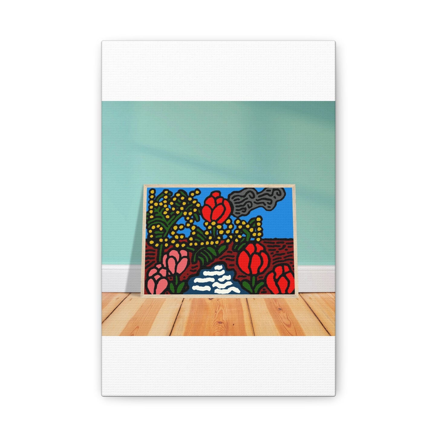A field of tulips next to a wattle Canvas (Small)