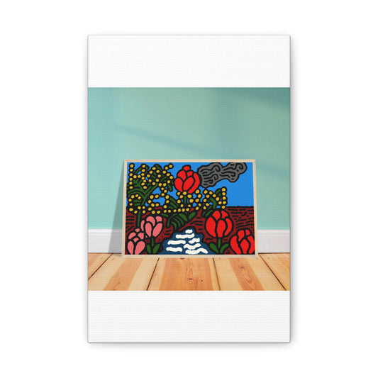 A field of tulips next to a wattle Canvas (Small)