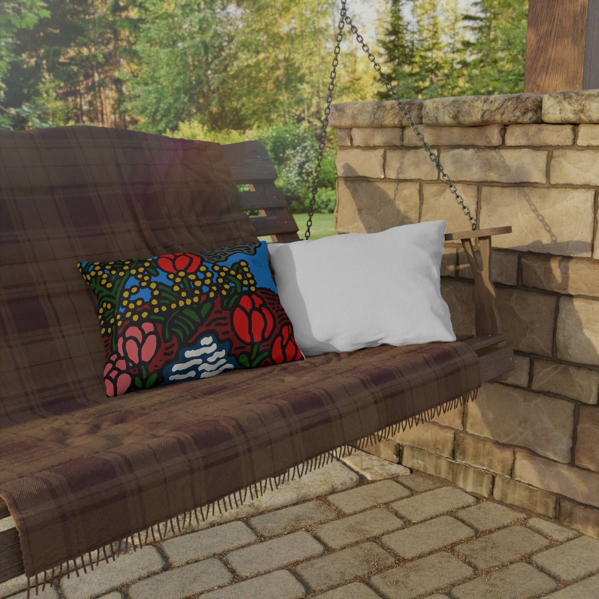 A field of tulips next to a wattle — Outdoor Pillow