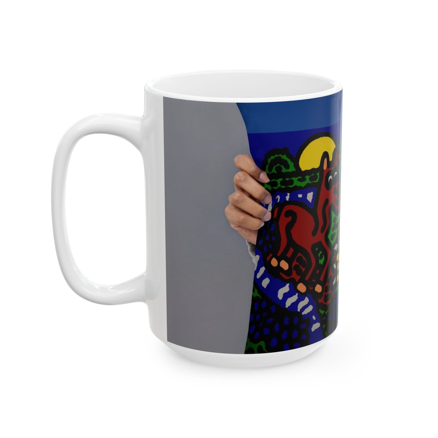 Bunny welcoming a friendly horse on his journey Ceramic Mug