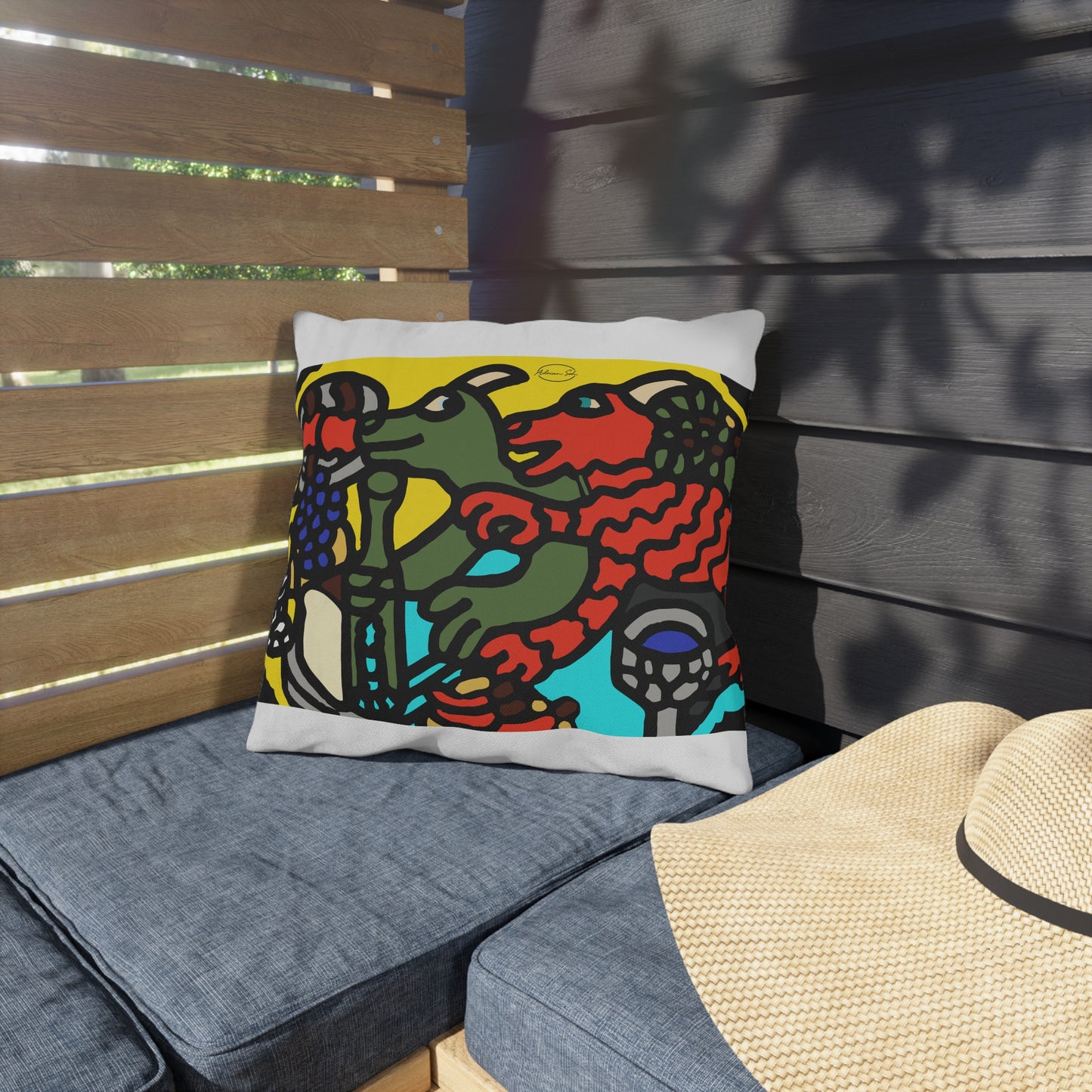Two dragons enjoying a feast together — Outdoor Pillow