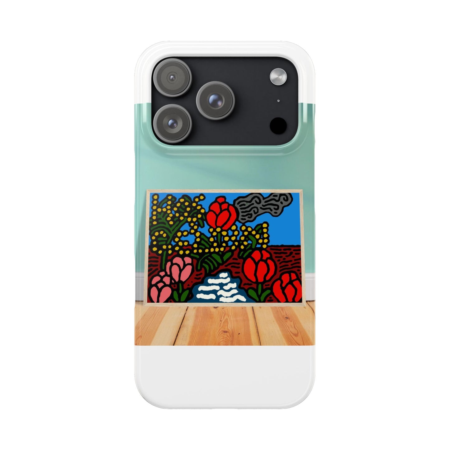 A field of tulips next to a wattle Slim Phone Case