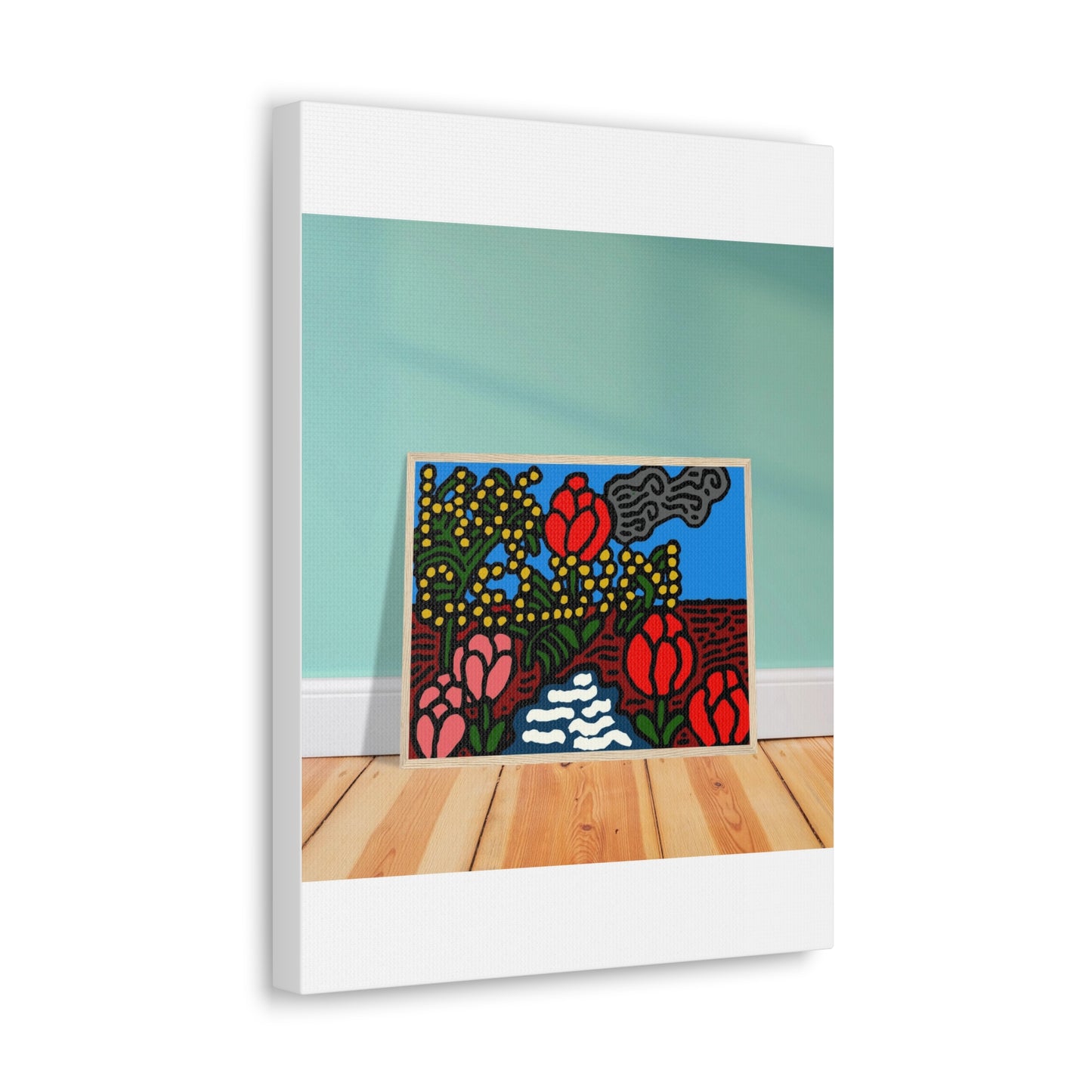 A field of tulips next to a wattle Canvas (Small)