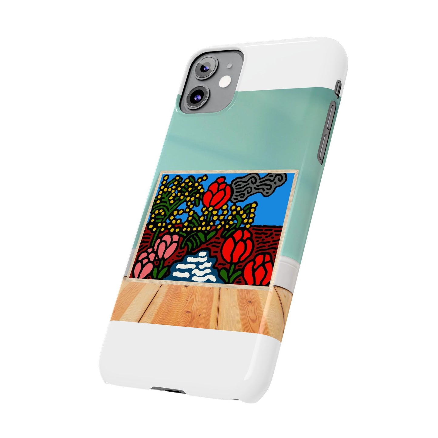 A field of tulips next to a wattle Slim Phone Case
