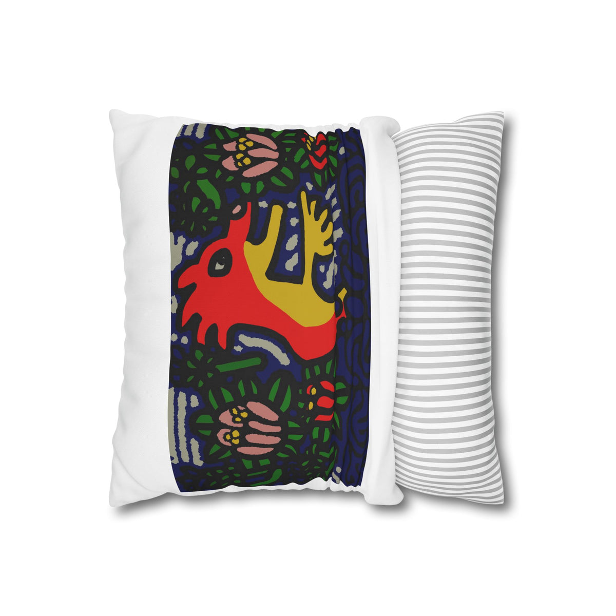 Colorful Folk Art Fox Throw Pillowcase — Square Poly Canvas Decorative Pillow Cover - Breaking through the surface of a lotus pond.