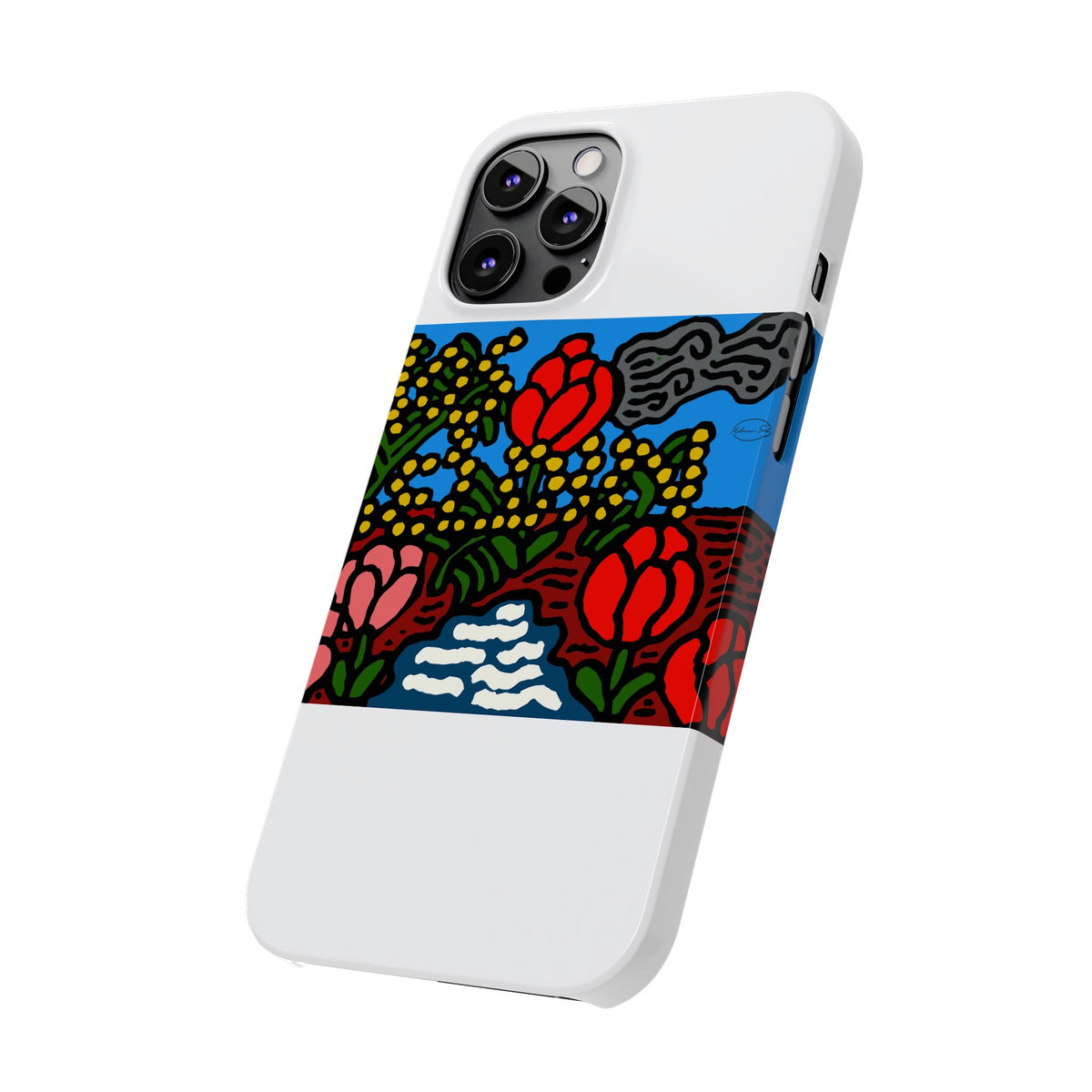 A field of tulips next to a wattle Slim Phone Case