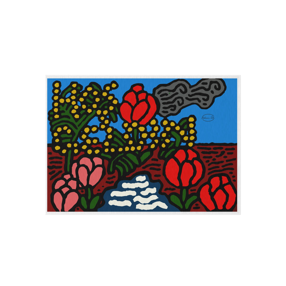 A field of tulips next to a wattle — Outdoor Rug