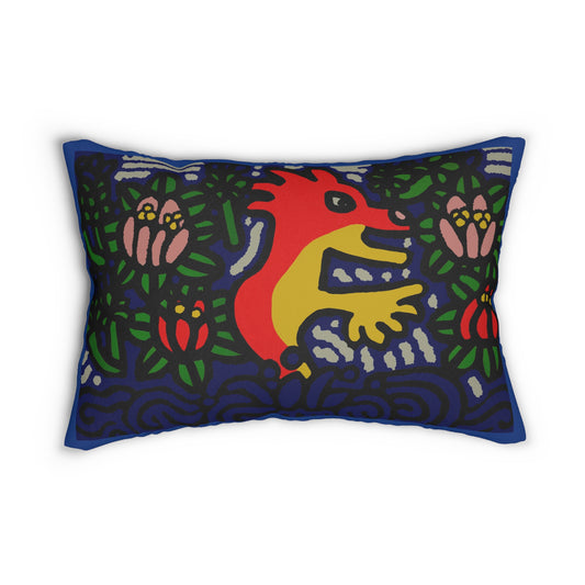 Colorful Folk Art Lumbar Pillow — Floral & Fox Decorative Cushion - Breaking through the surface of a lotus pond.