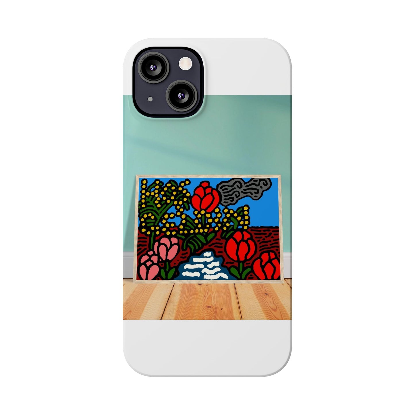 A field of tulips next to a wattle Slim Phone Case