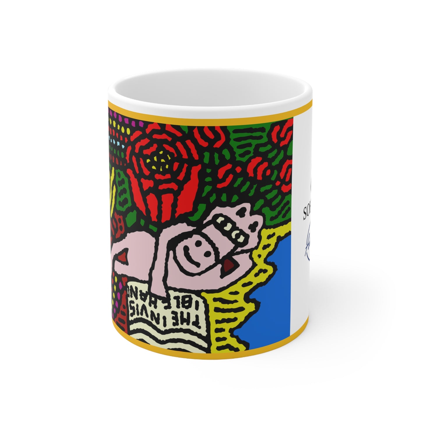 Colorful Folk Art Ceramic Mug — Playful Reading Character & Rose Illustration, 11oz - Enjoying life after a long journey