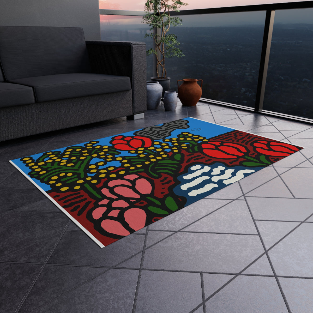 A field of tulips next to a wattle — Outdoor Rug