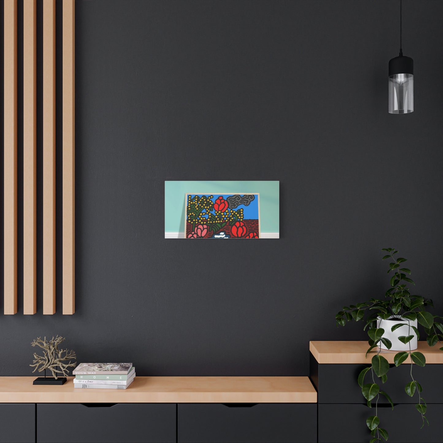 A field of tulips next to a wattle Canvas (Large)