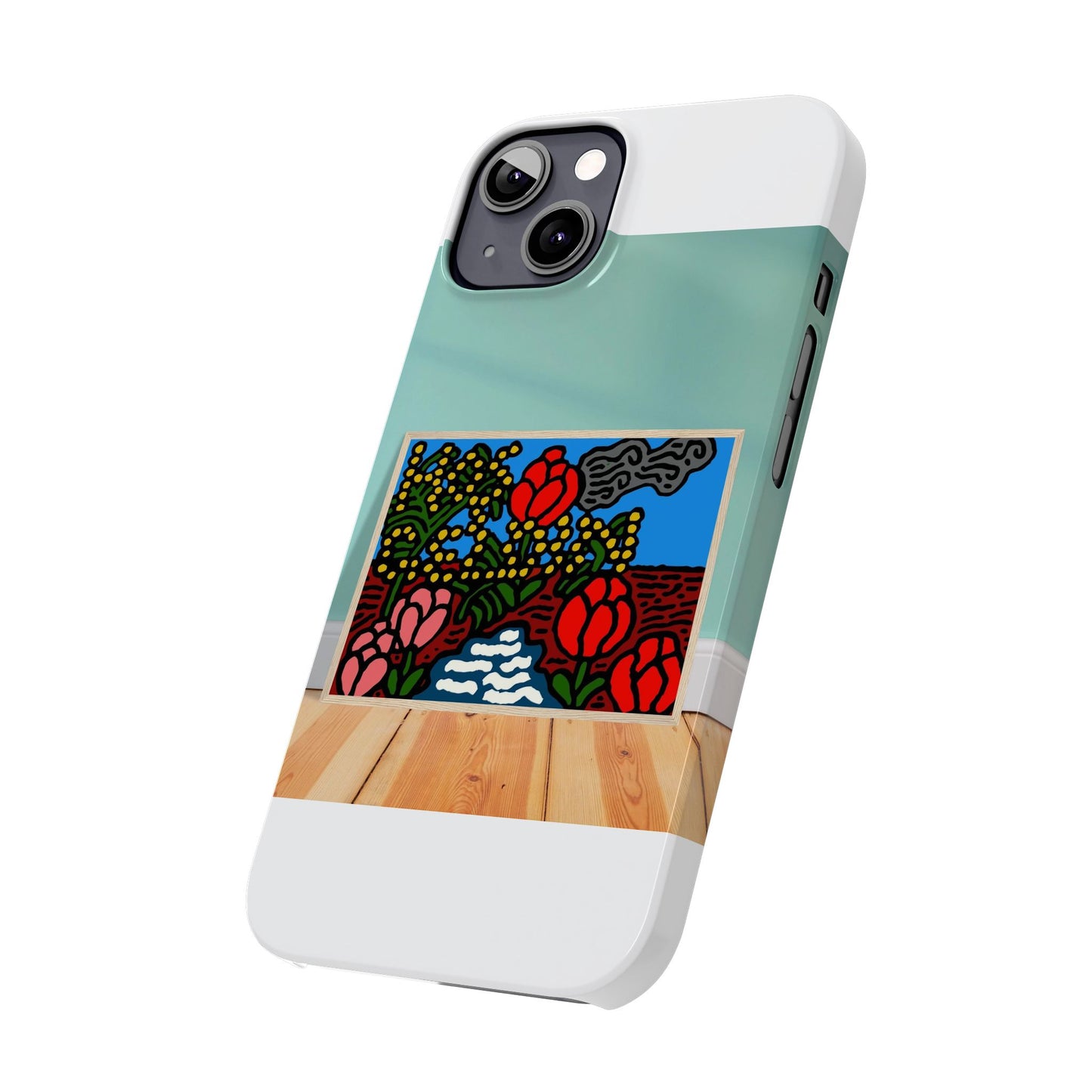 A field of tulips next to a wattle Slim Phone Case