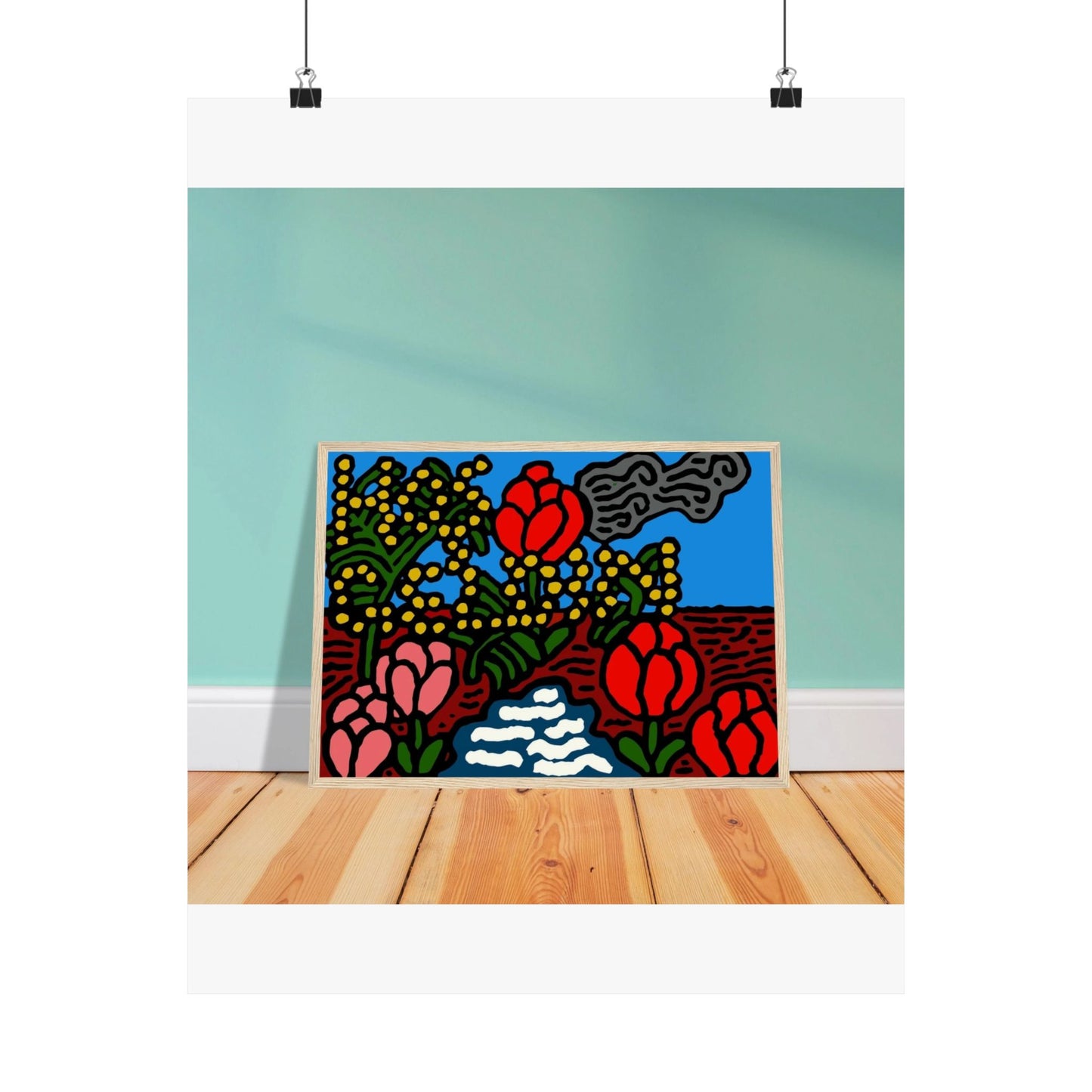 A field of tulips next to a wattle Matte Poster Vertical (Small)
