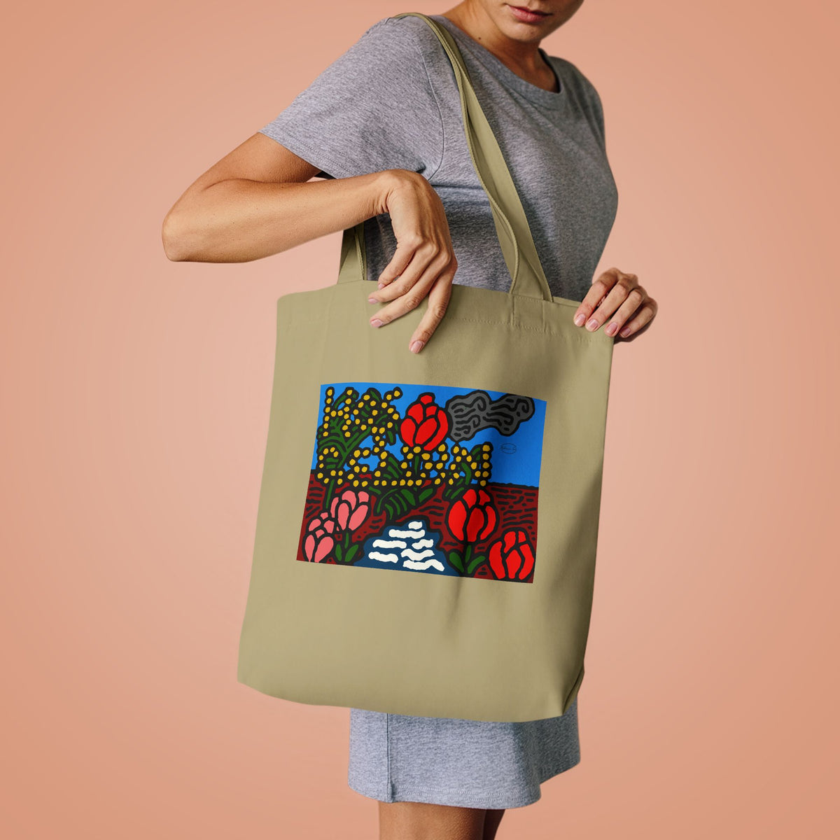 A field of tulips next to a wattle Classic Tote Bag