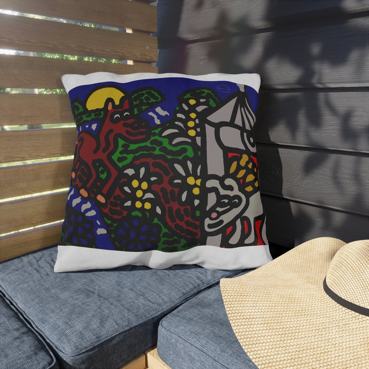 Bunny welcoming a friendly horse on his journey — Outdoor Pillow