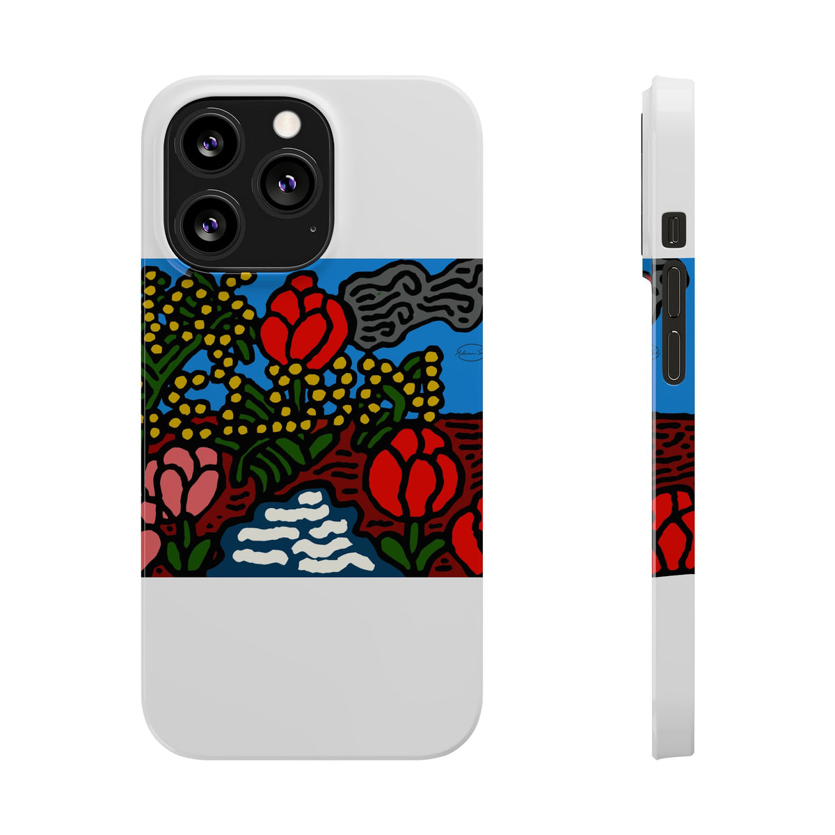 A field of tulips next to a wattle Slim Phone Case