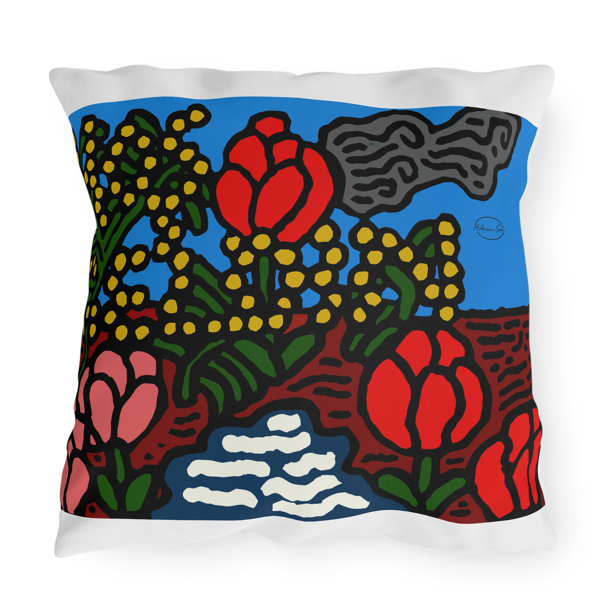 A field of tulips next to a wattle — Outdoor Pillow