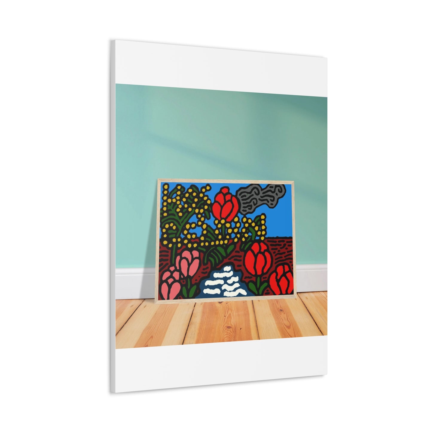 A field of tulips next to a wattle Canvas (Large)