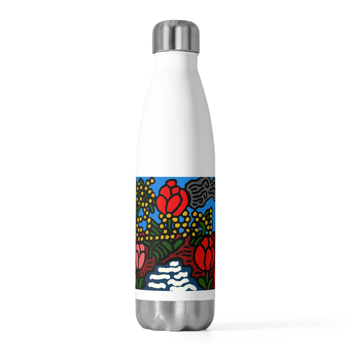 A field of tulips next to a wattle Stainless Steel Water Bottle
