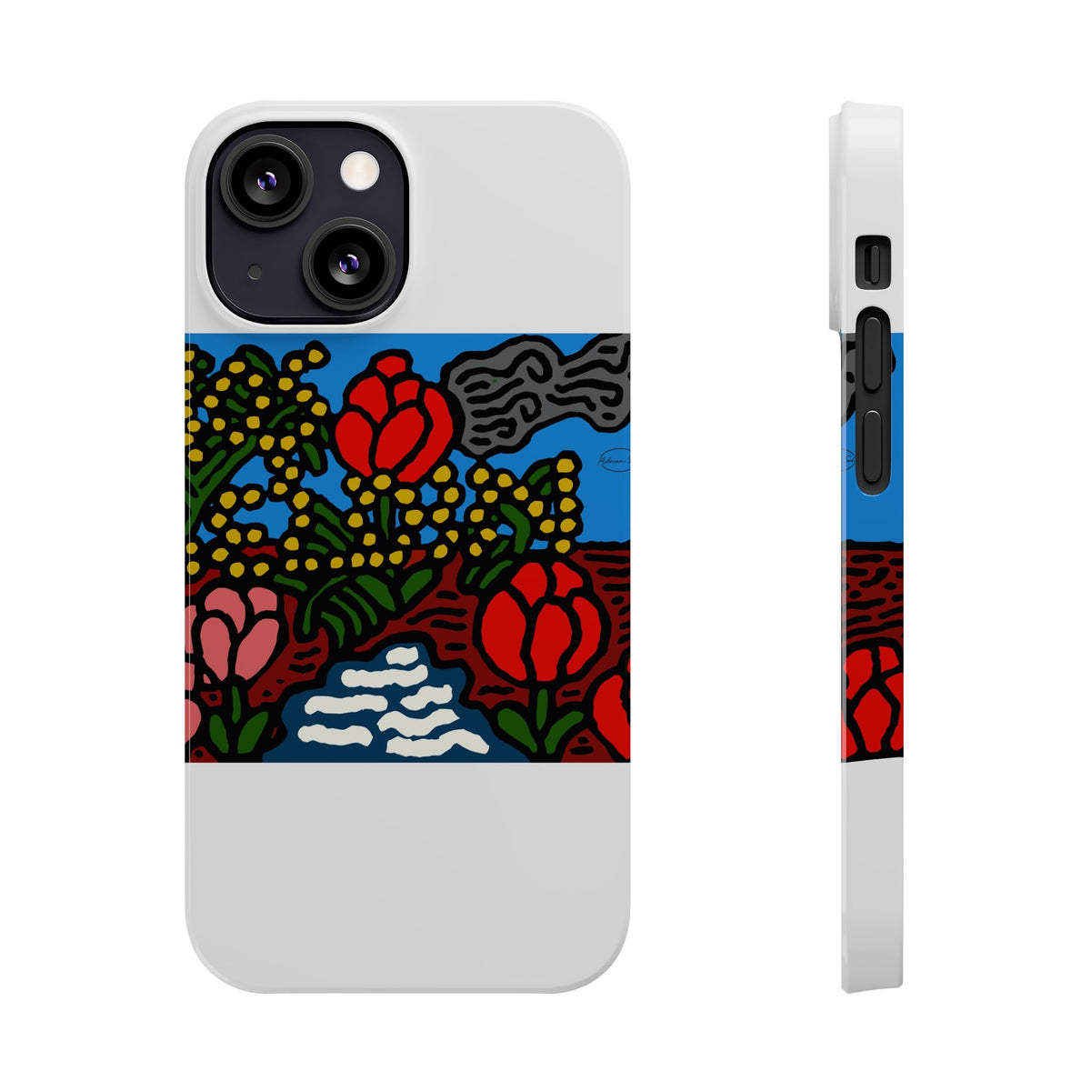 A field of tulips next to a wattle Slim Phone Case