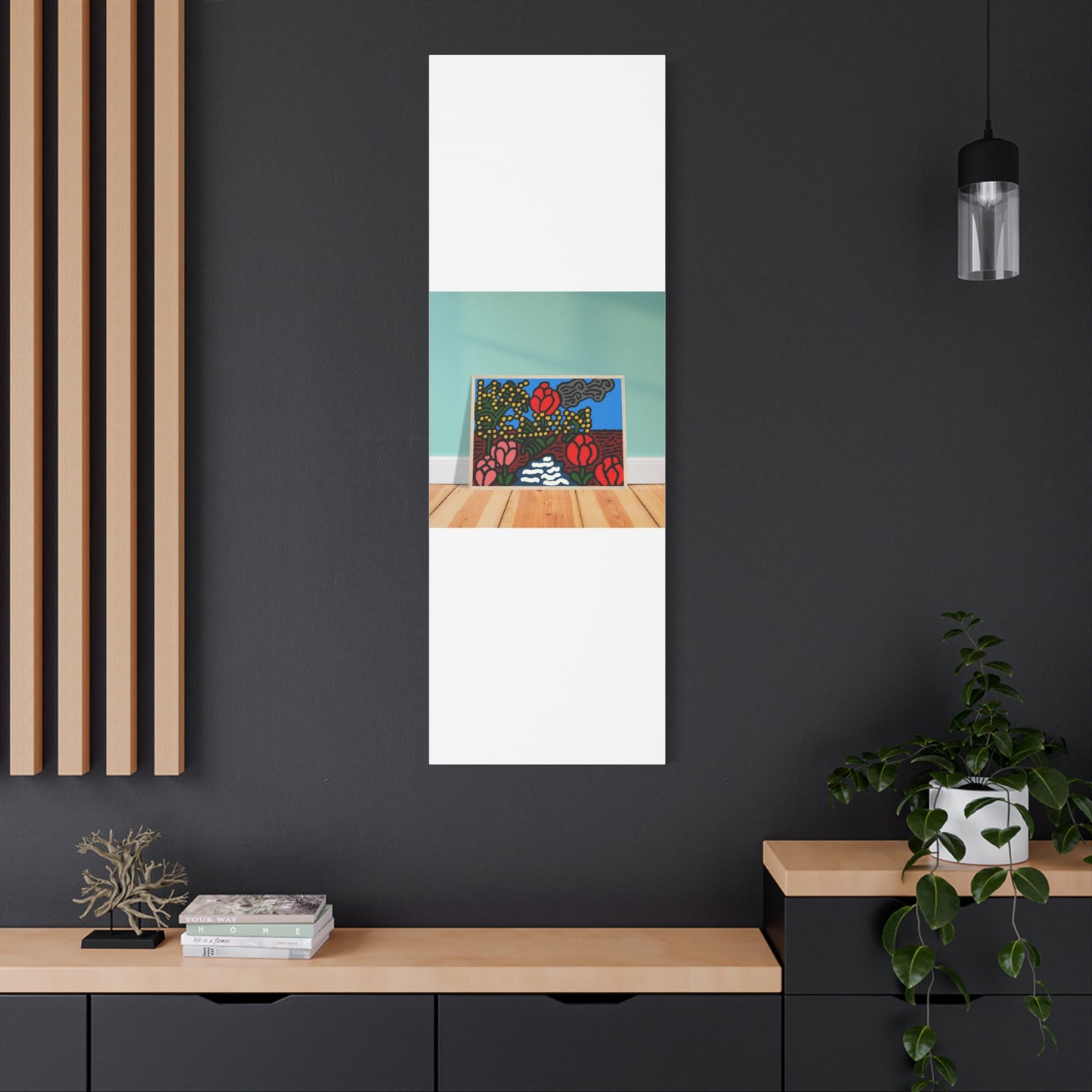 A field of tulips next to a wattle Canvas (Large)