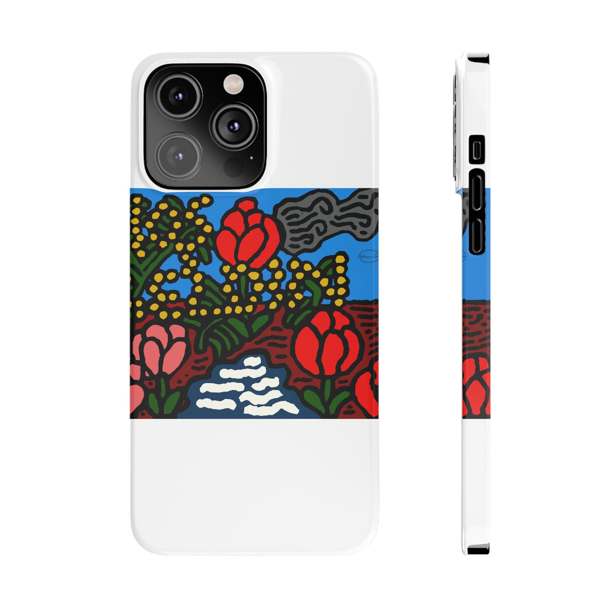 A field of tulips next to a wattle Slim Phone Case