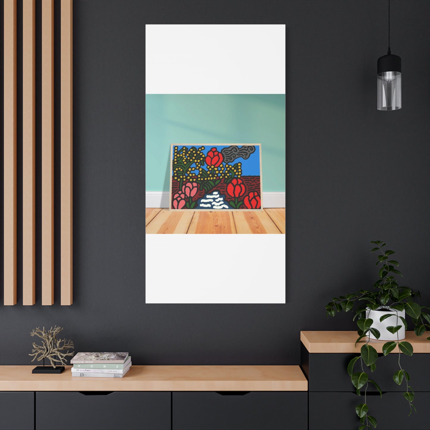 A field of tulips next to a wattle Canvas (Large)
