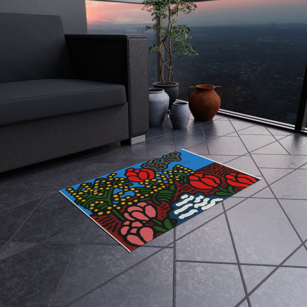 A field of tulips next to a wattle — Outdoor Rug