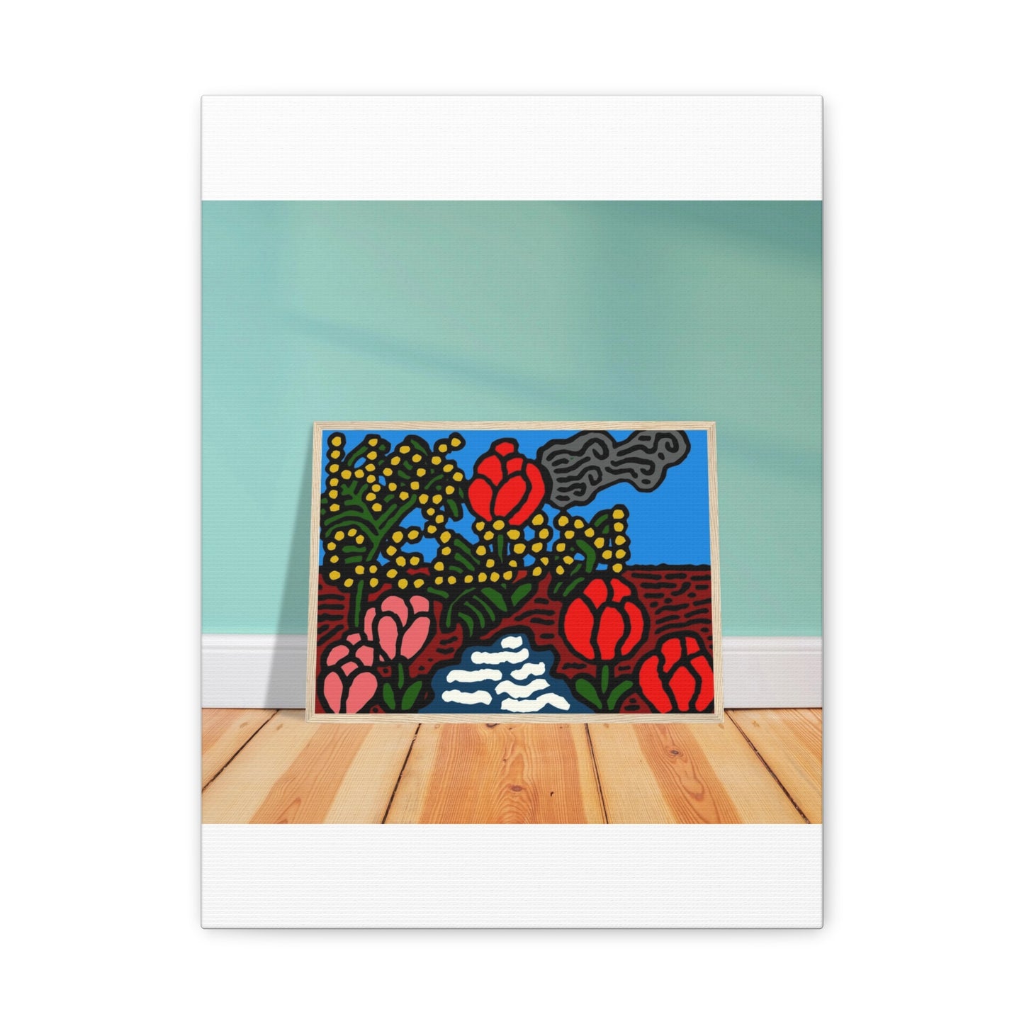 A field of tulips next to a wattle Canvas (Small)