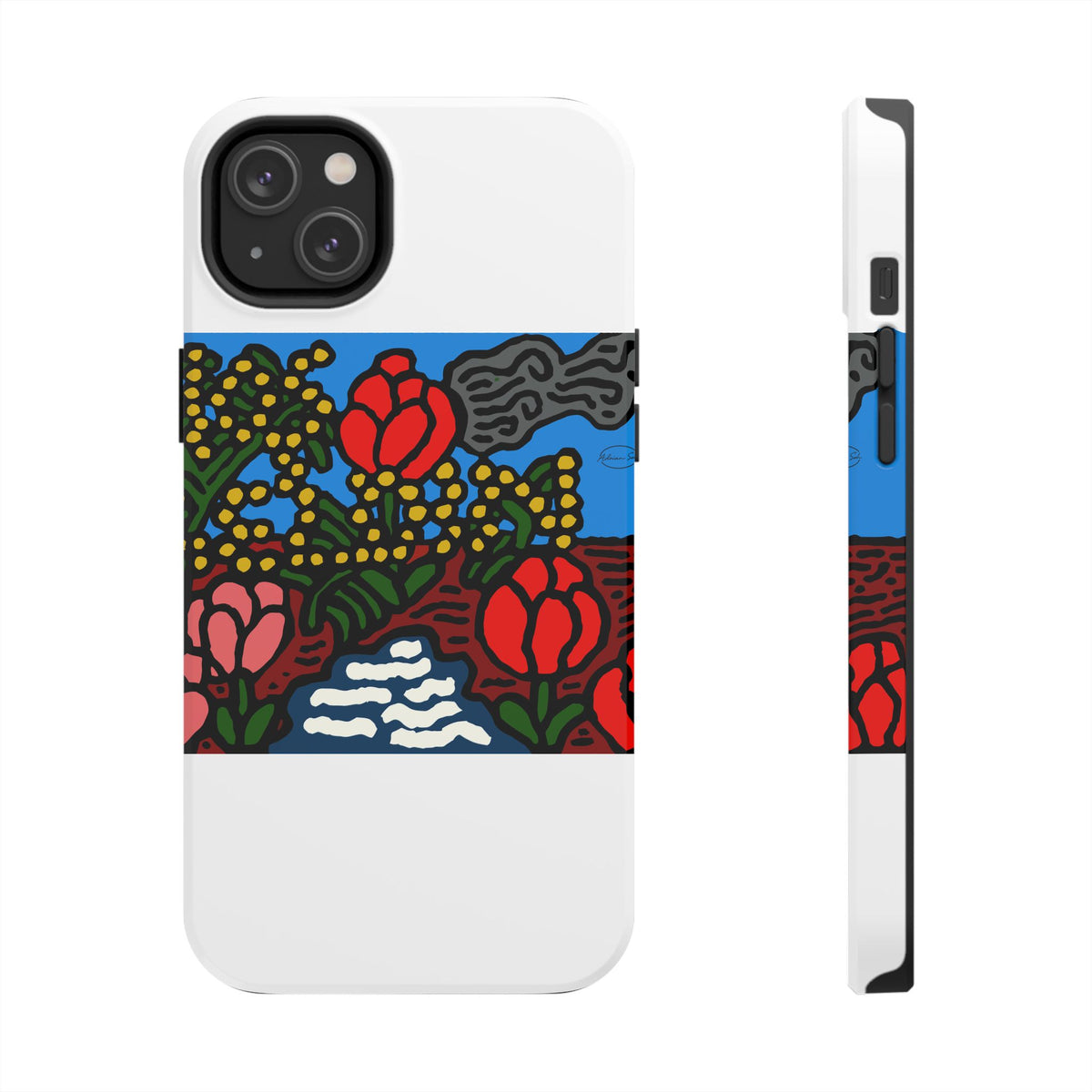 A field of tulips next to a wattle Tough Phone Case