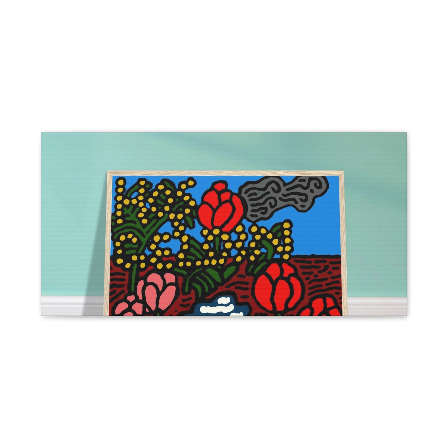 A field of tulips next to a wattle Canvas (Large)