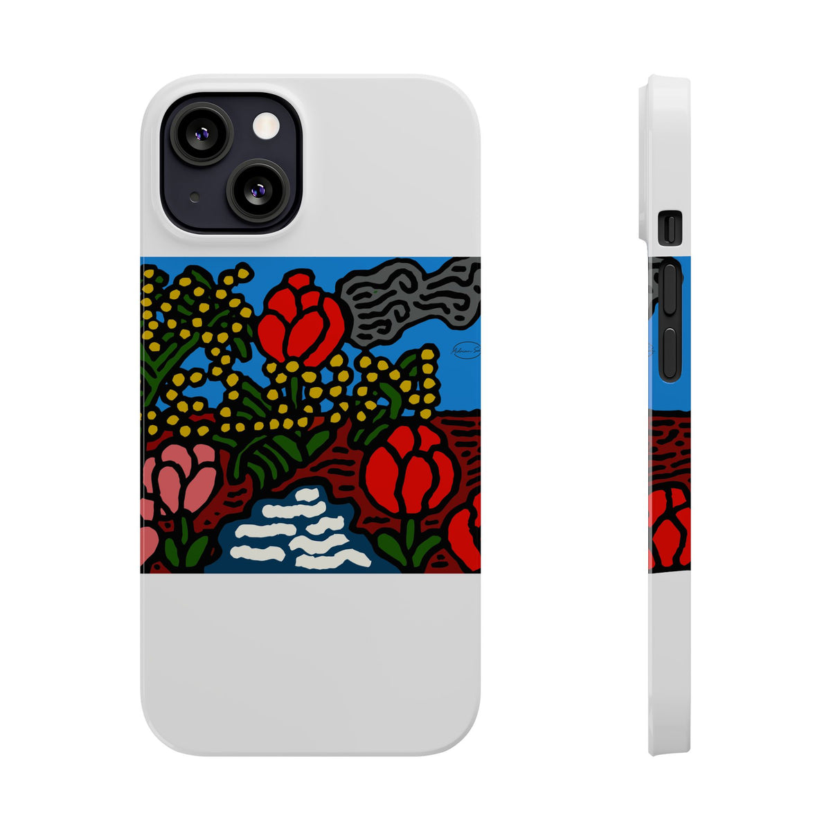A field of tulips next to a wattle Slim Phone Case