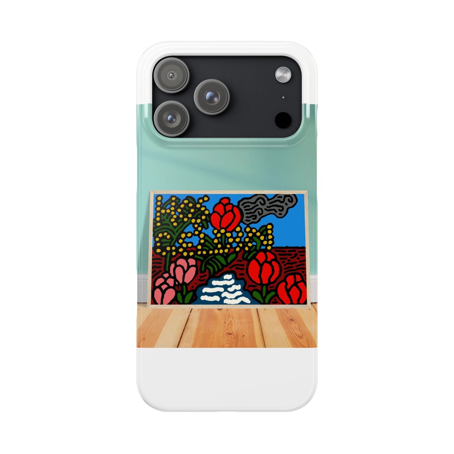 A field of tulips next to a wattle Slim Phone Case