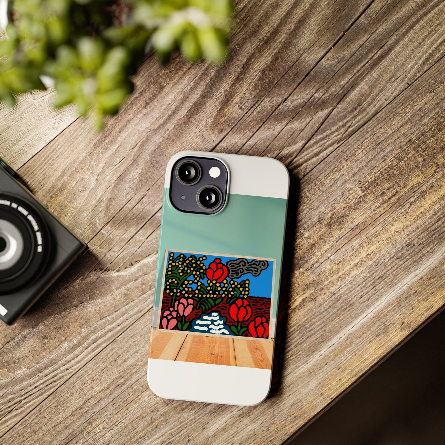 A field of tulips next to a wattle Slim Phone Case