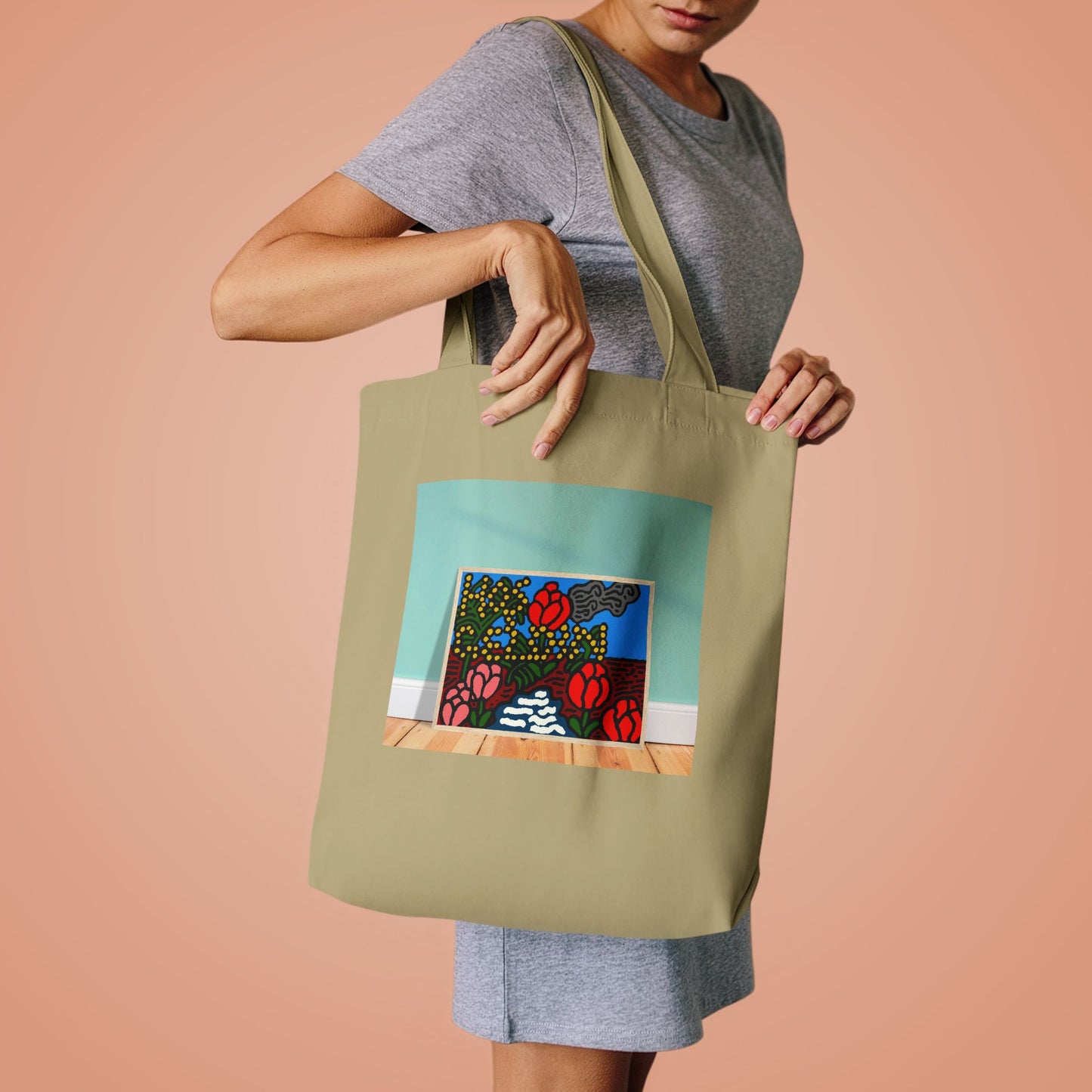 A field of tulips next to a wattle Classic Tote Bag