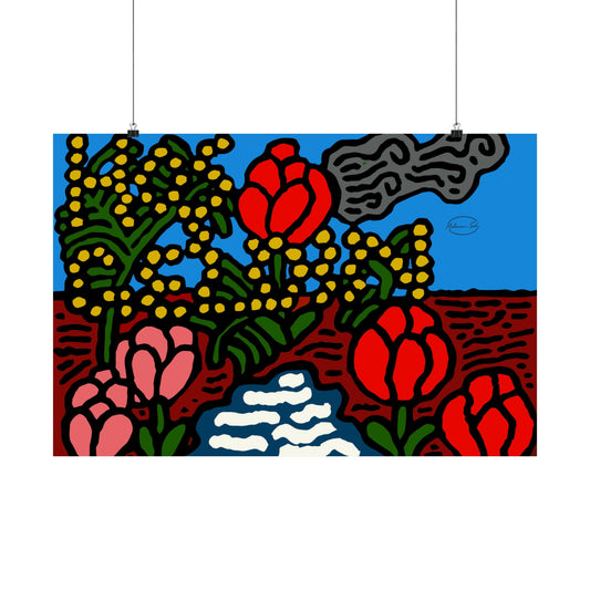 A field of tulips next to a wattle Matte Poster Horizontal (Large)