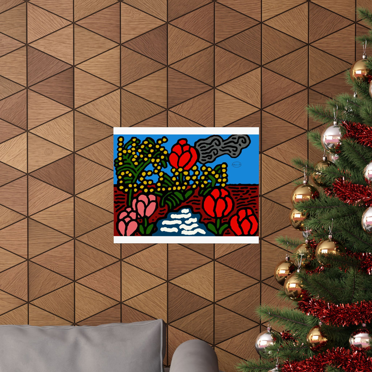 A field of tulips next to a wattle Matte Poster Horizontal (Small)